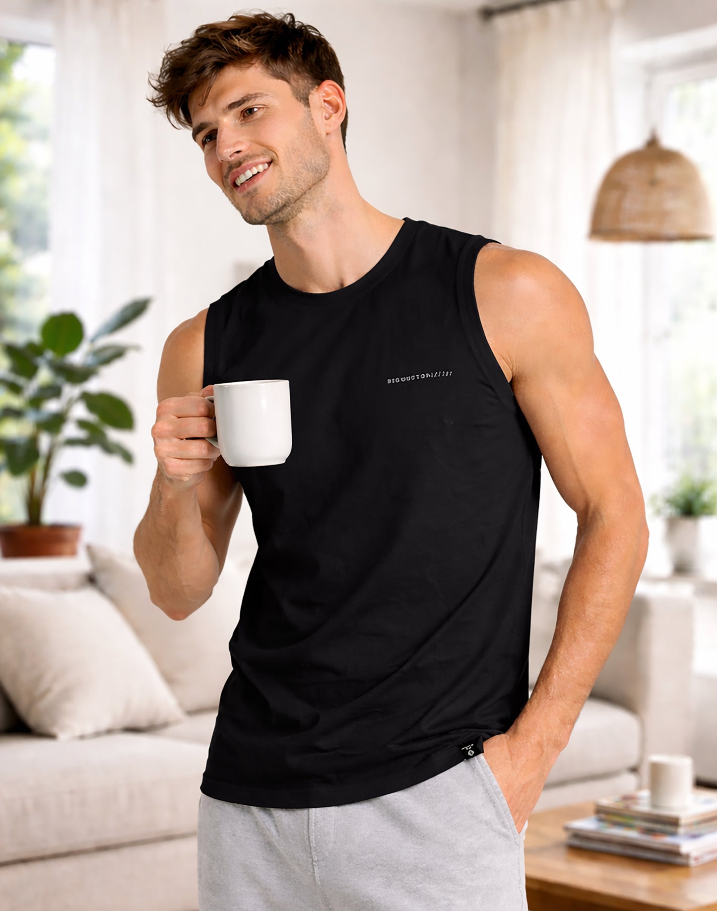 Men Cotton Solid Gym Vest Crew-Neck Sleeveless Sports Workout Fitness & Casual or Beach Wear
